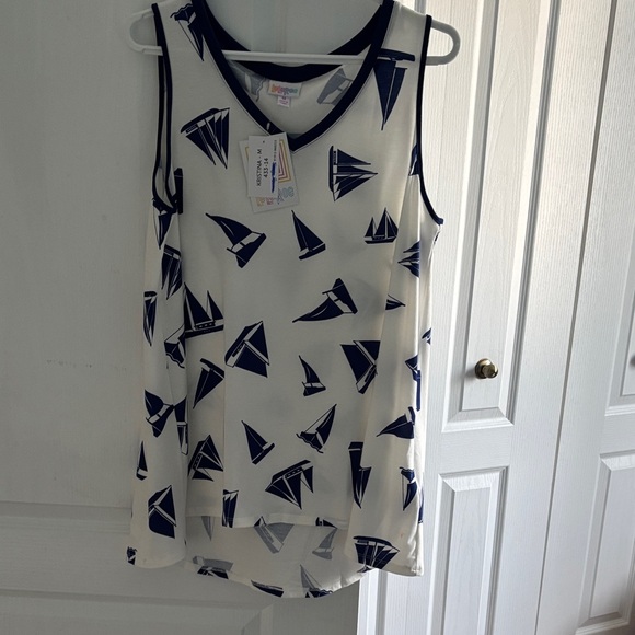 LulaRoe Kristina Nautica Sailboat Print Tank Top - White and Navy - Picture 1 of 2
